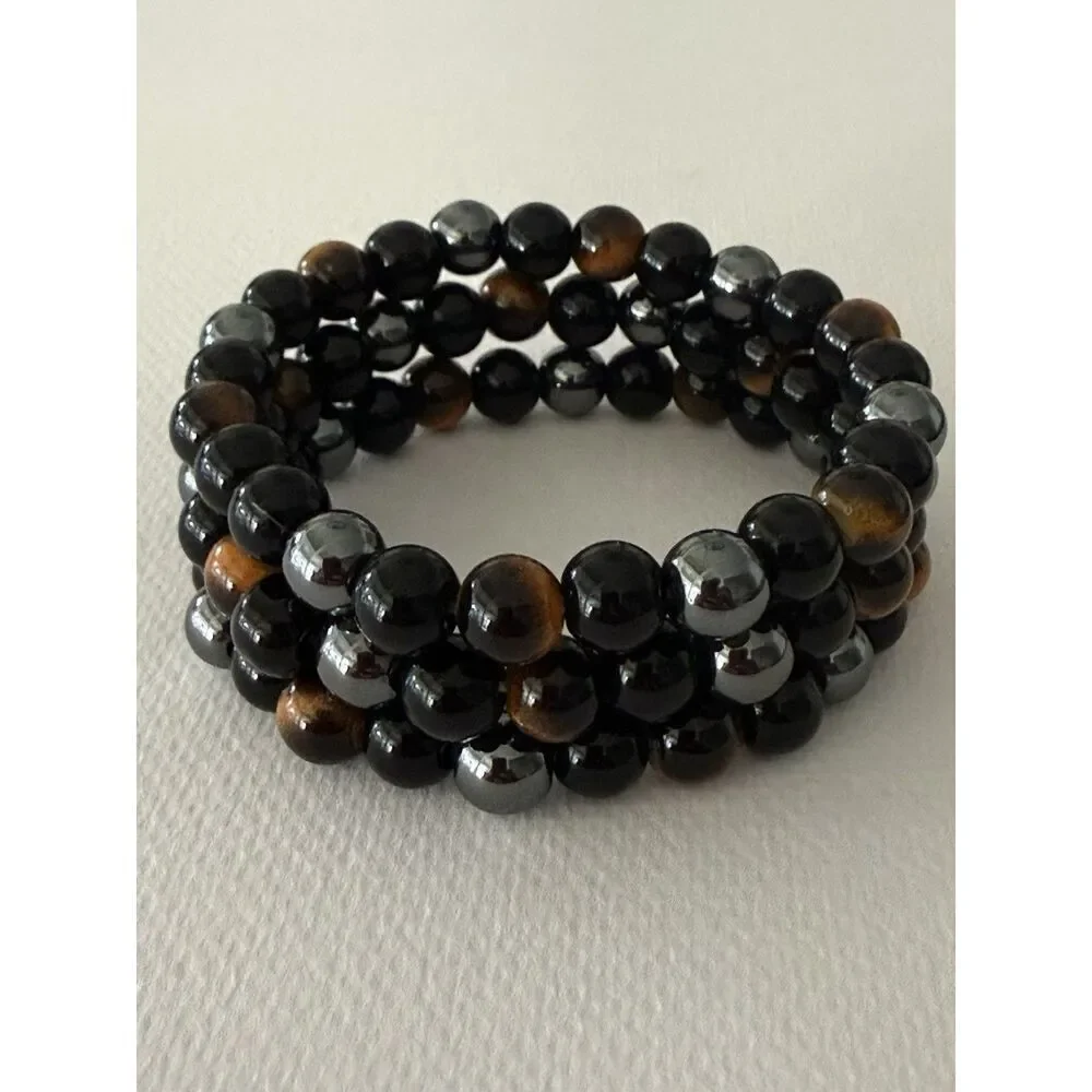 Set of 3 Tiger’s Eye Pattern and Hematite Finish Stretch Bracelets